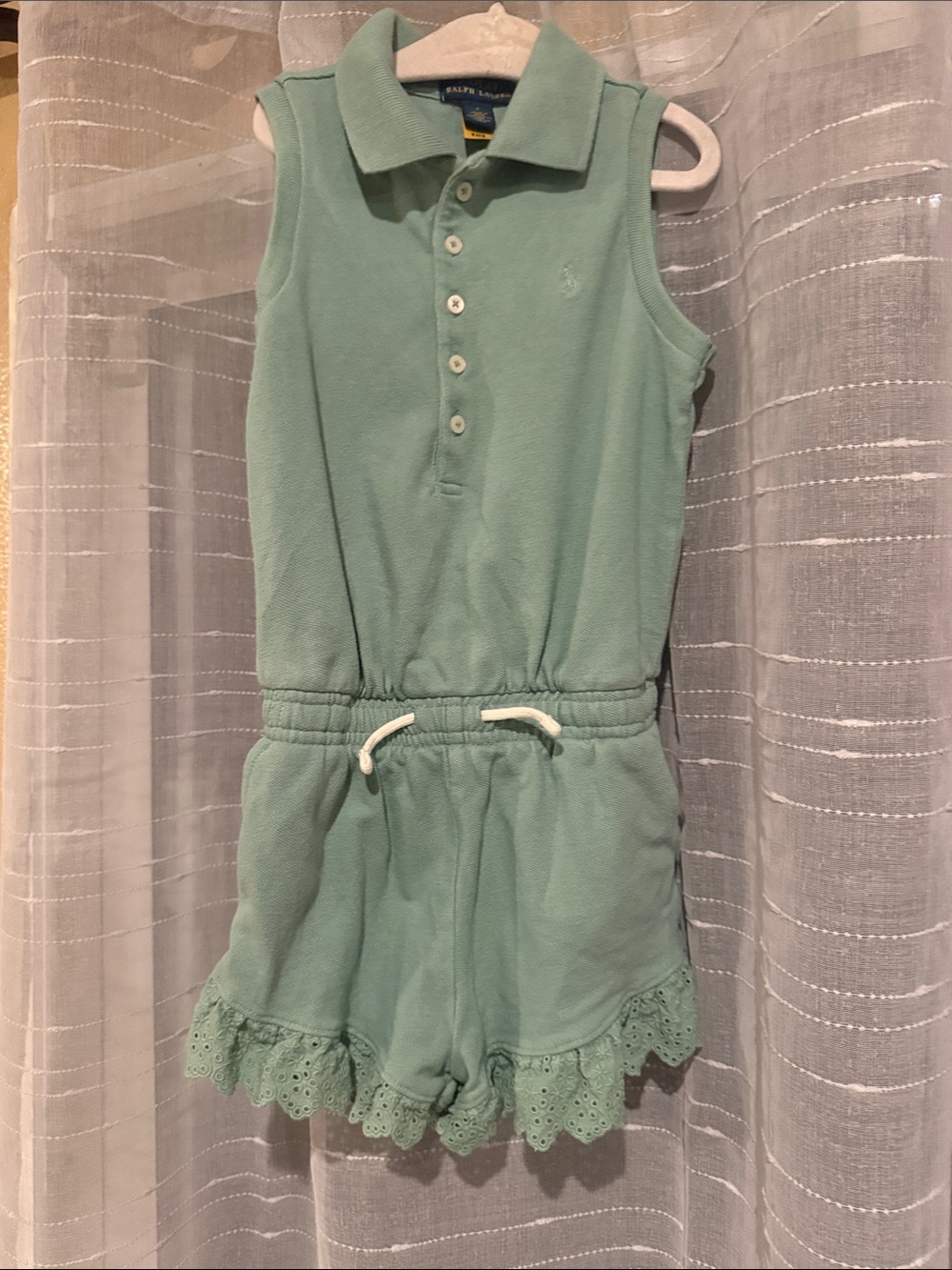 Ralph Lauren Sleeveless Mint Green Polo Romper with Eyelet Trim